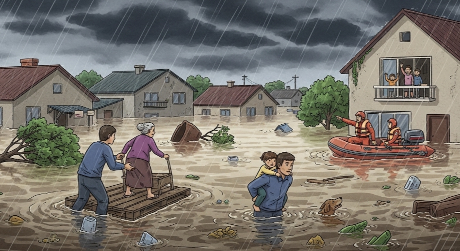 집중호우 침수 피해 주민 일러스트 1