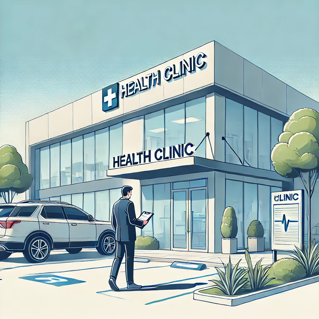 건강검진을 마친 환자가 병원 외부에서 주차된 차로 걸어가는 장면. 환자는 의료 결과가 담긴 서류를 들고 있으며&amp;#44; 병원 건물은 현대적인 외관과 작은 정원&amp;#44; 주차장이 함께 보입니다. 맑은 하늘과 평화로운 분위기가 연출됩니다.