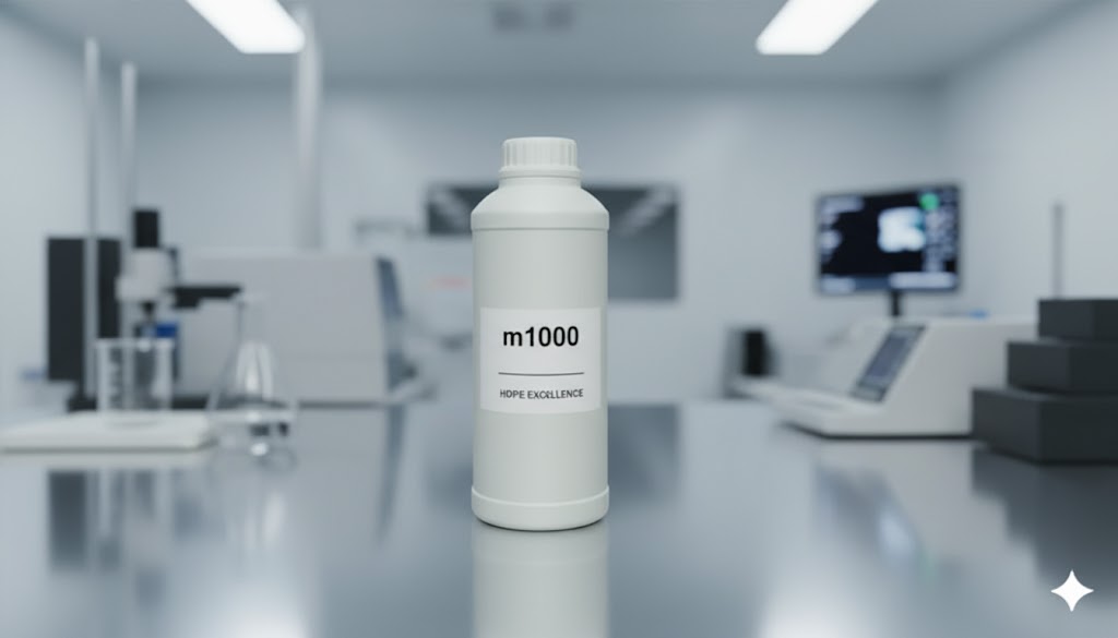 삼양플라스틱 m1000 불투명 백색 용기가 'm1000 HDPE EXCELLENCE' 라벨을 부착하고, 깔끔하게 정돈된 첨단 연구실 테이블에 놓여 있습니다. 후면에는 분석 장비가 흐릿하게 보이며, m1000 용기가 기술적인 신뢰성과 고품질 HDPE 재질의 우수성을 상징하는 전문 용기로서의 이미지를 강조합니다.