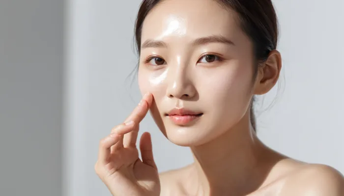 피부 진정과 변화 과정을 스스로 체크하는 장면