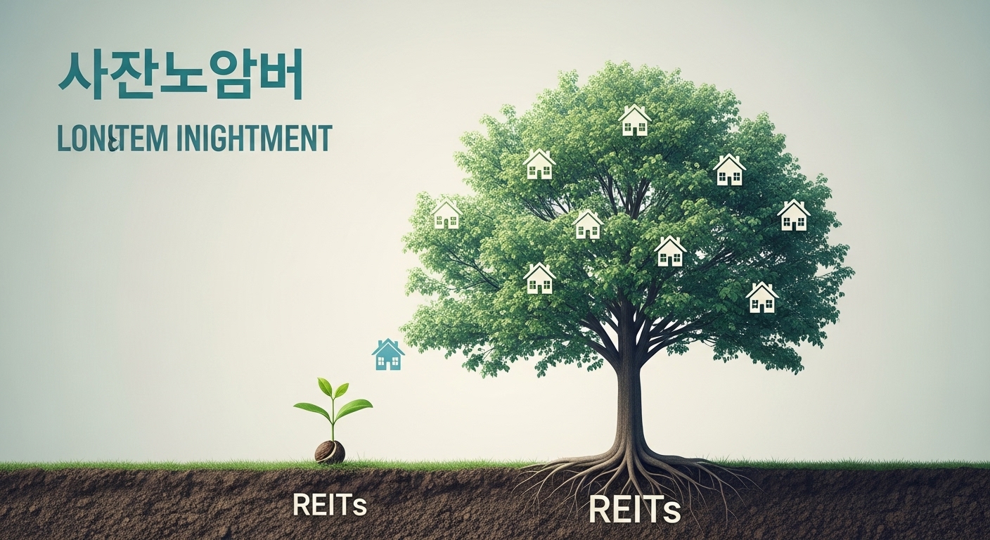 리츠를 통한 장기 투자가 내집마련 자금으로 성장하는 과정을 묘사한 희망찬 일러스트.