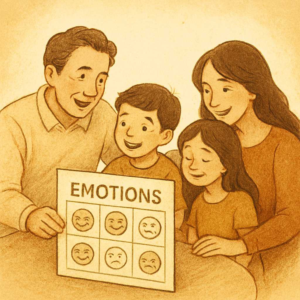 온 가족이 감정 캘린더를 함께 바라보며 소통하는 따뜻한 장면