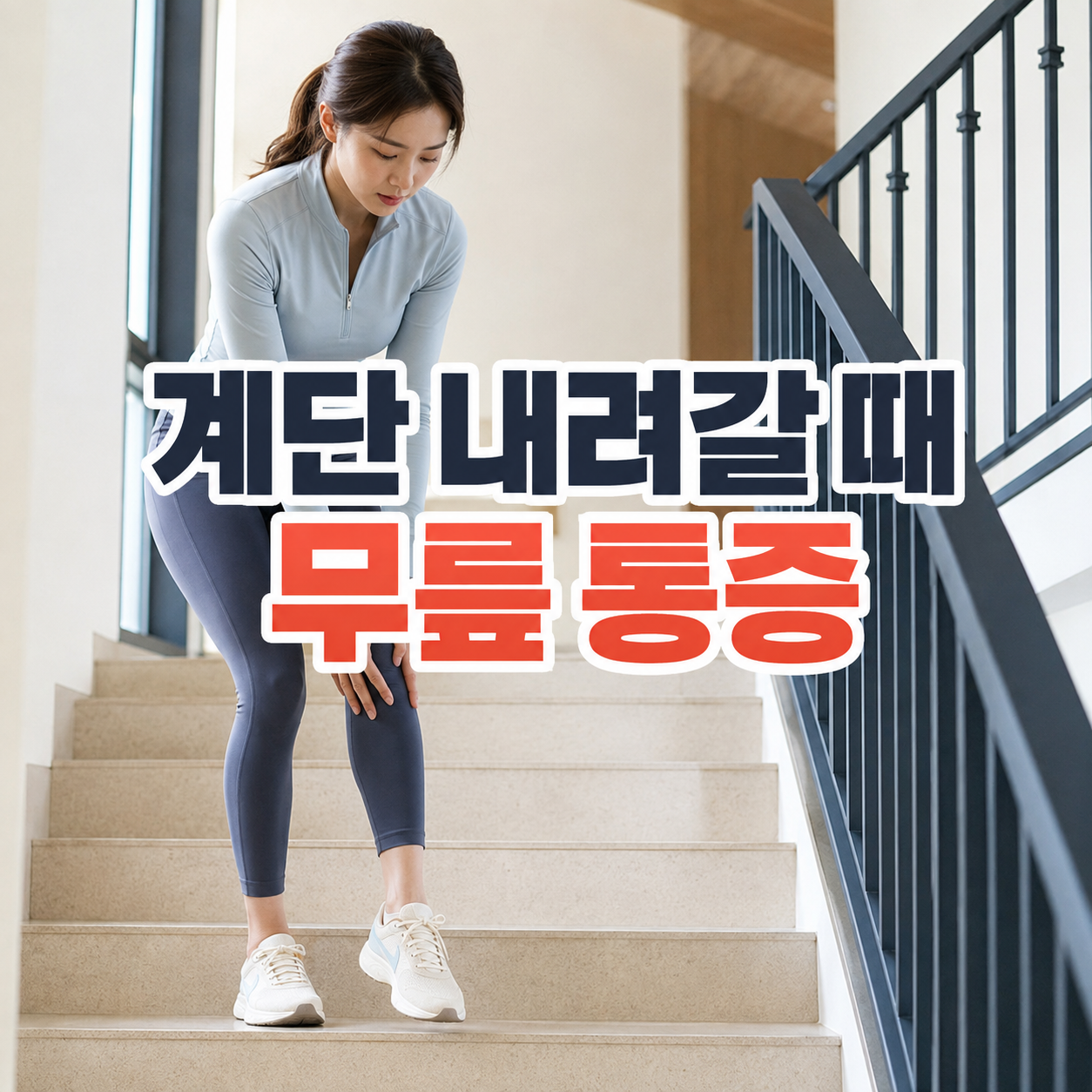 계단을 내려가다 무릎 통증을 확인하는 20대 여성