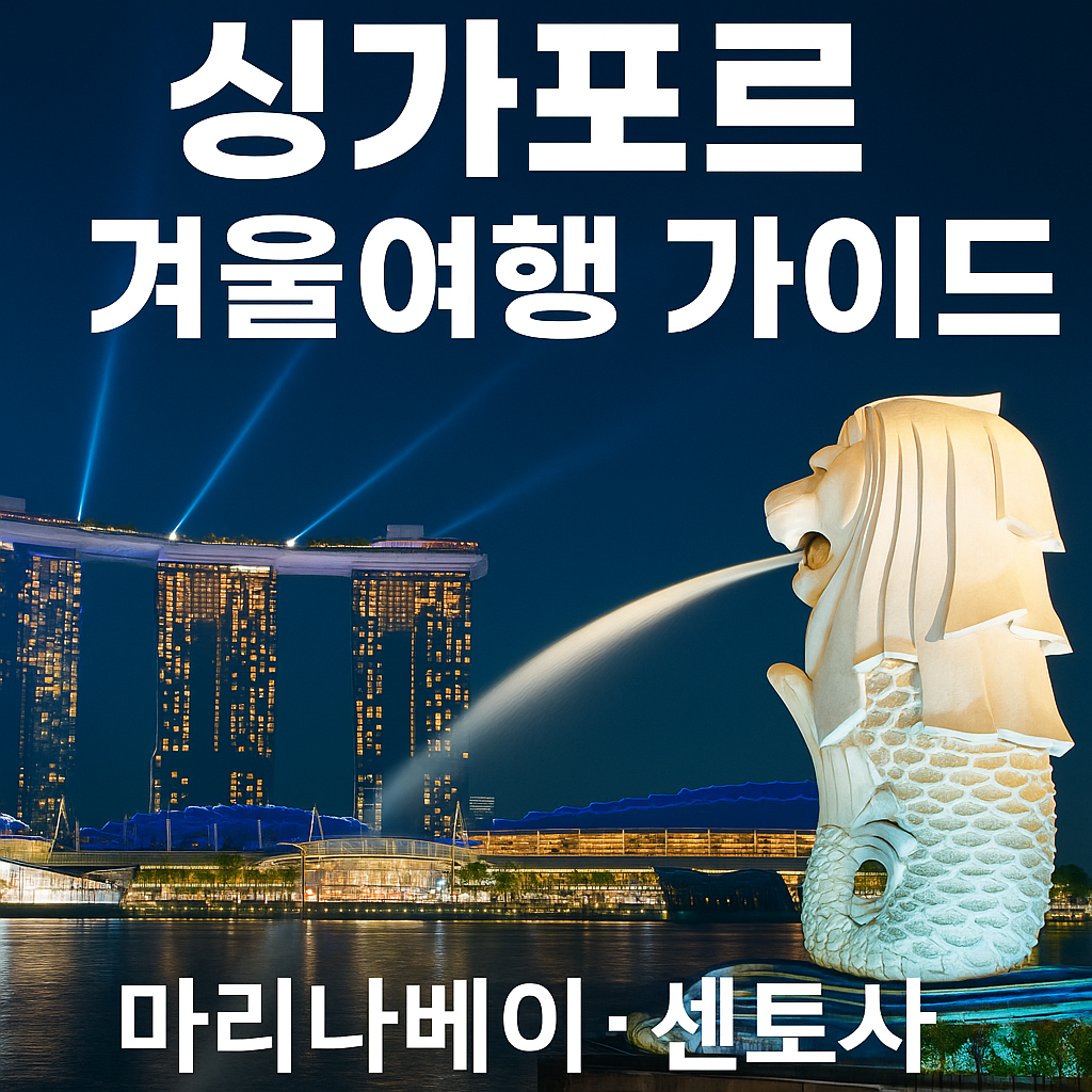 싱가포르의 상징인 머라이언과 마리나베이샌즈 야경을 한 컷에 담아낸 고품질 썸네일 이미지입니다.
푸른 밤하늘을 가르는 레이저 쇼와 반짝이는 마리나베이 건물 조명이 조화를 이루며,
&lsquo;싱가포르 겨울여행 가이드&rsquo;라는 문구가 선명하게 들어가 여행 정보를 직관적으로 전합니다.
아래에는 &lsquo;마리나베이&middot;센토사&rsquo; 핵심 키워드를 넣어 이번 글의 주요 포인트를 강조해,
싱가포르 여행을 찾는 독자들이 클릭하고 싶게 만드는 강렬하고 감각적인 썸네일입니다.