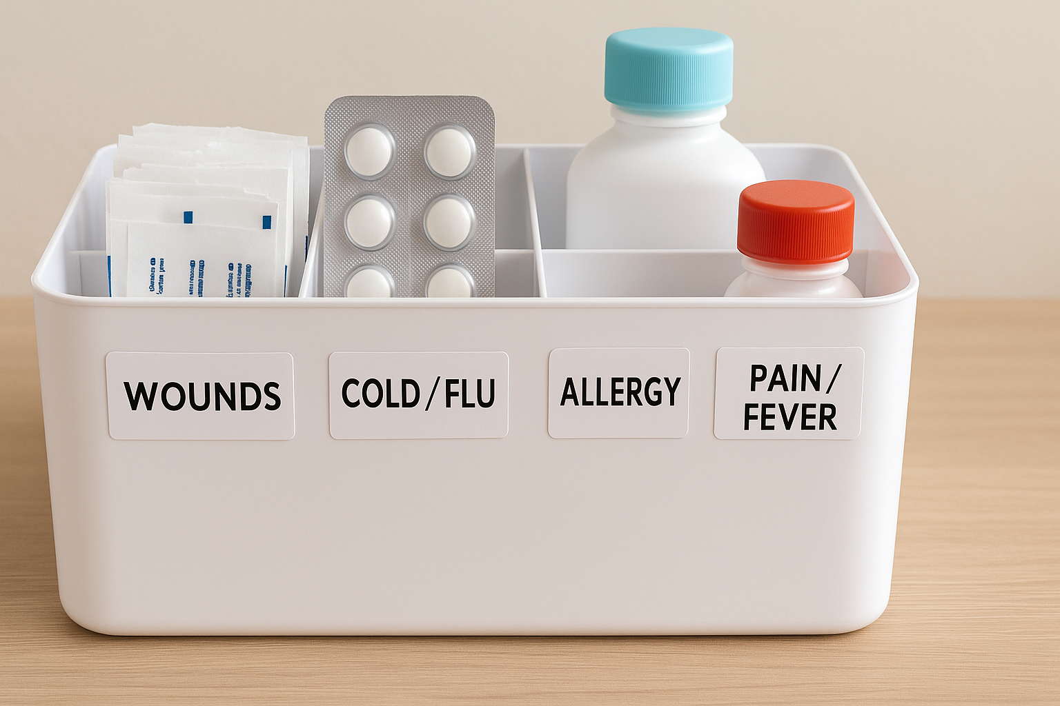 증상별로 라벨링된 상비약 정리함 – 감기, 소화, 상처, 알레르기 등 구획 구분함