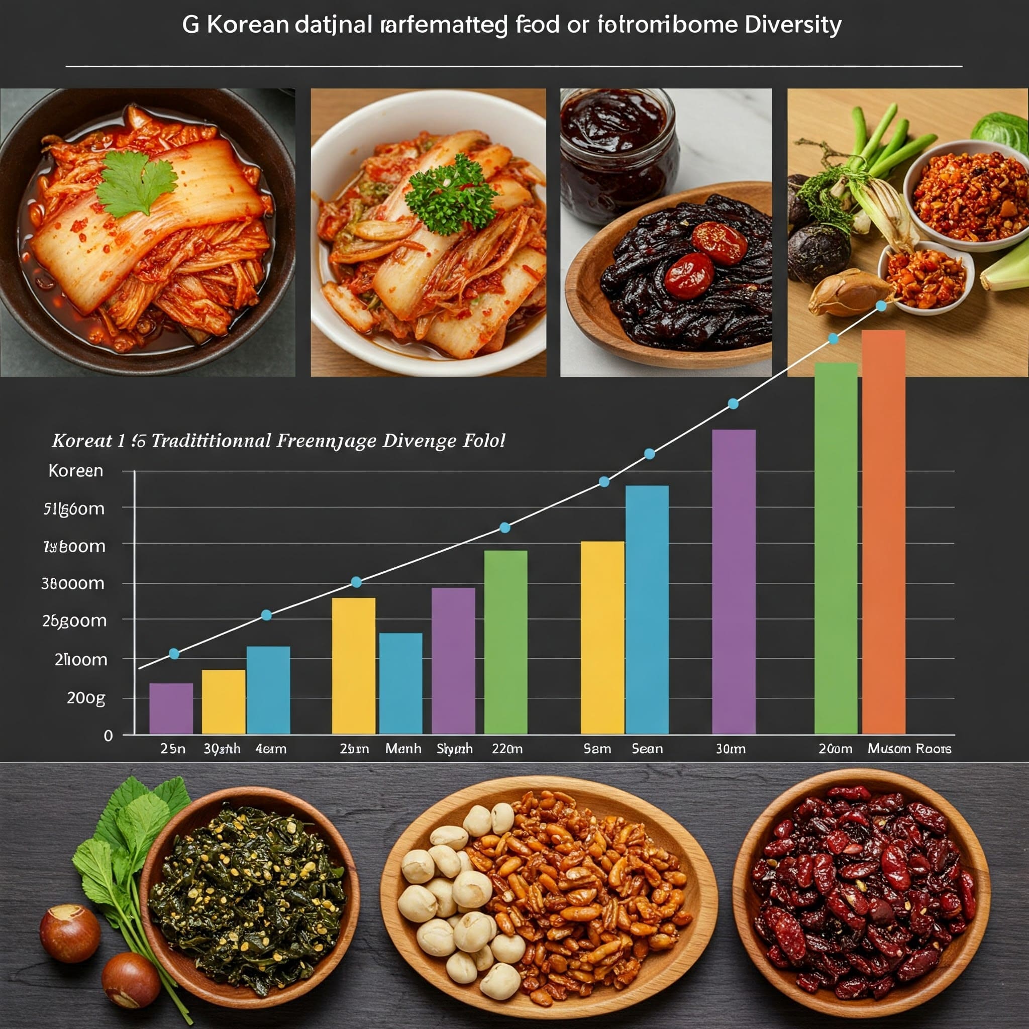 한국 전통 발효식품(김치, 된장, 청국장)과 다양한 식물성 식품이 마이크로바이옴 다양성에 미치는 영향을 시각화한 그래프와 이미지 조합