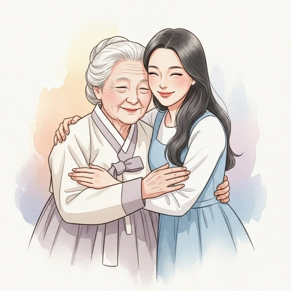 다정하게 포옹하는 할머니와 젊은 여성