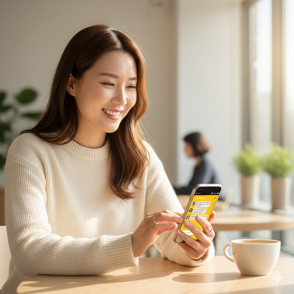 문제가 해결된 카카오톡 앱을 보며 미소 짓는 세련된 여성
