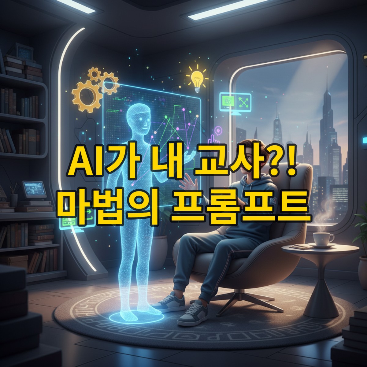 미래형 학습 공간에서 학생이 홀로그램 AI 교사와 상호작용하며 복잡한 개념을 실시간 그래프로 이해하는 모습. 개인화된 AI 교육의 혁신을 상징.