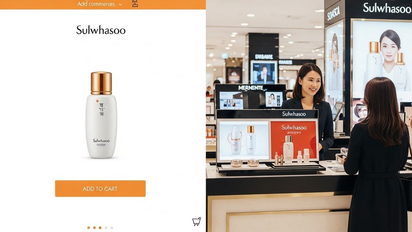 두 가지 뚜렷한 쇼핑 경험을 보여주는 분할 이미지 또는 콜라주. 한쪽에는 '카트에 추가' 버튼이 있는 현대적이고 깨끗한 이커머스 웹사이트 인터페이스가 있습니다.