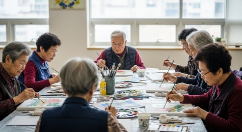 미술활동 중인 노인들&amp;#44; 붓과 종이&amp;#44; 색칠하는 모습