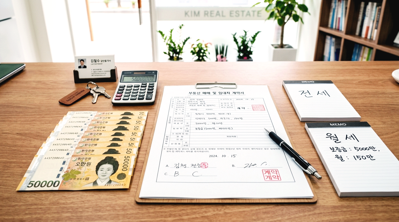 부동산 계약서와 전세 월세 메모지가 놓인 책상 위 모습