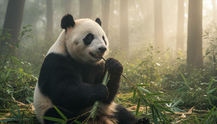 청두 판다 기지에서 아침 햇살을 받으며 대나무를 먹고 있는 판다의 모습