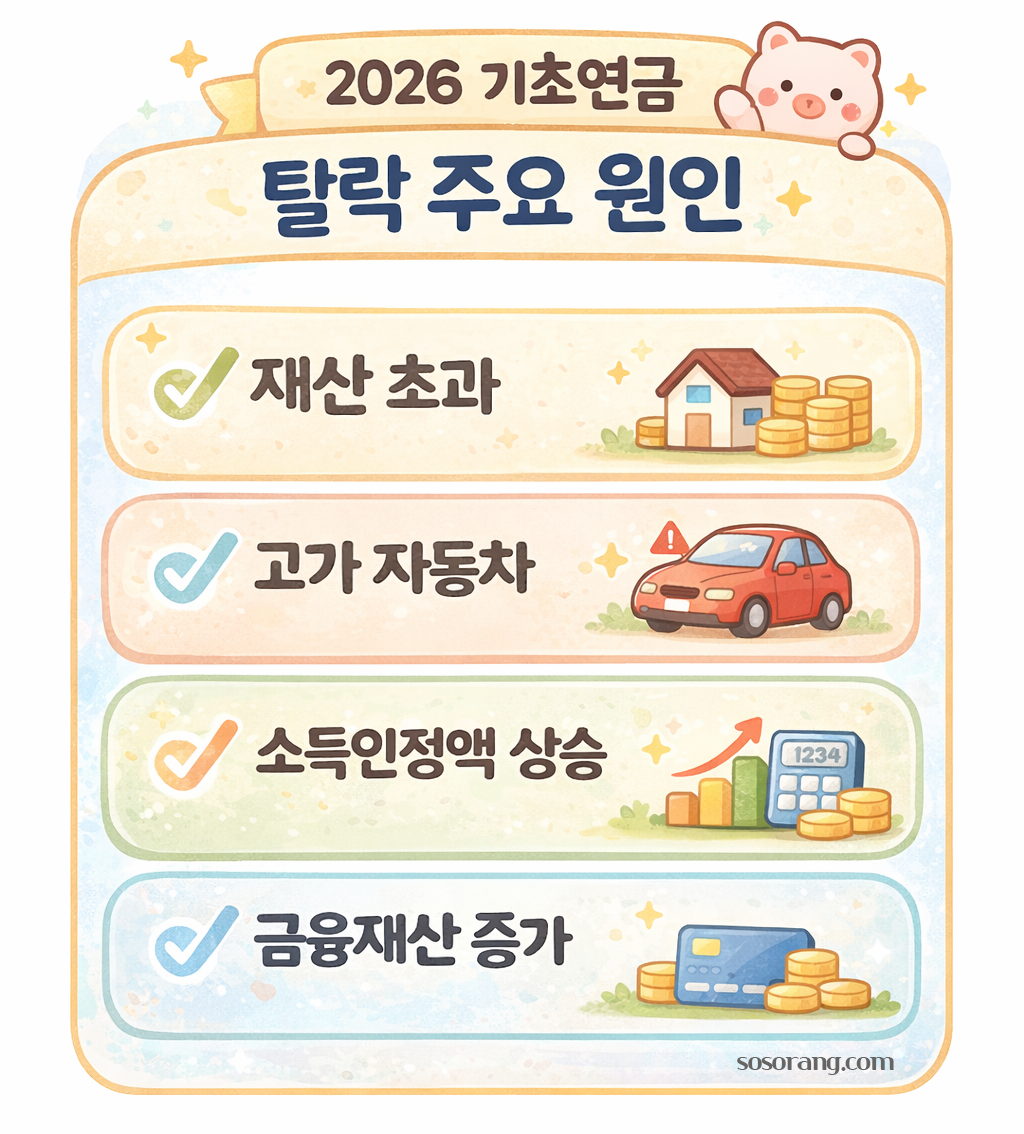 2026 기초연금 탈락 주요 원인 정리 이미지 – 재산 초과, 고가 자동차, 소득인정액 상승, 금융재산 증가