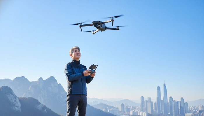 활기찬 50대 한국인이 드론 조종기를 들고 하늘의 드론을 바라보며 미소 짓는 모습, 새로운 도전을 상징하며 희망찬 미래를 암시.