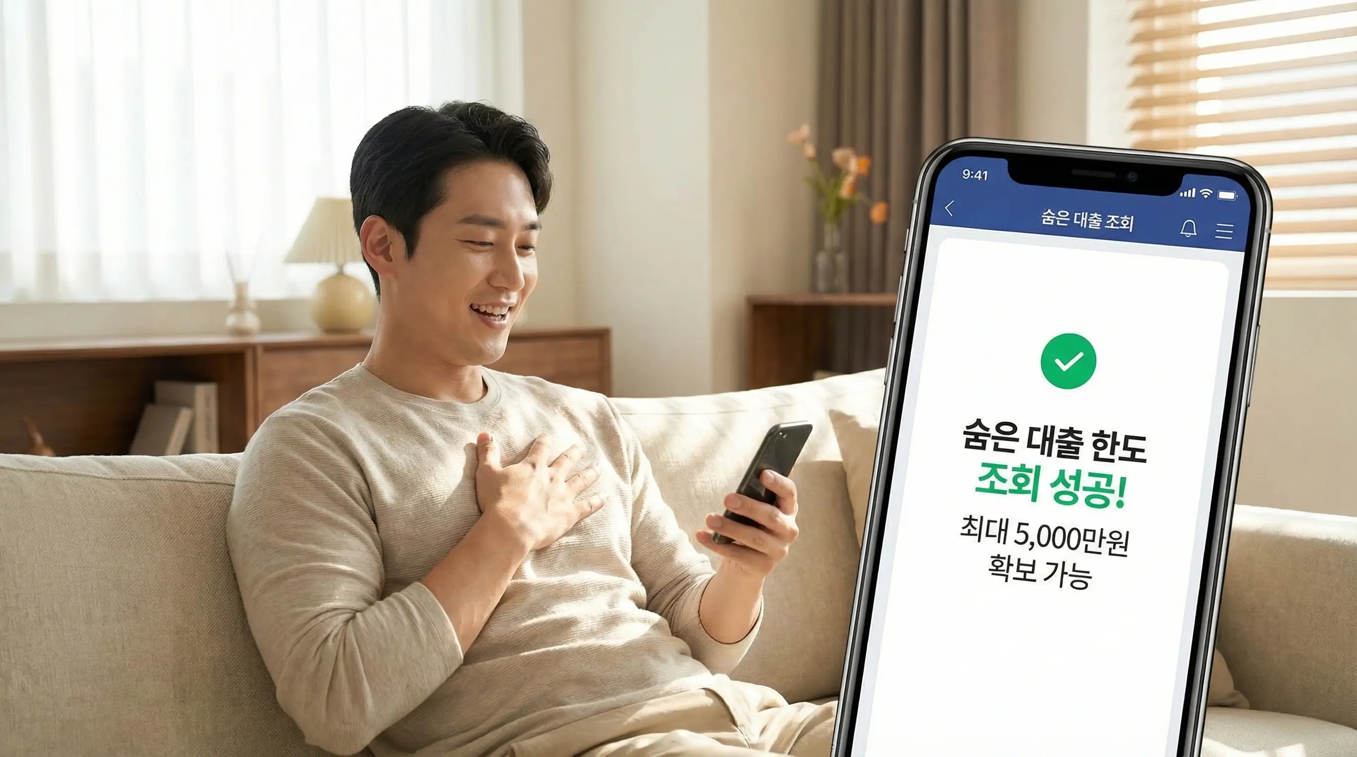 스마트폰 앱으로 간편하게 숨은 대출 한도를 조회하고 자금을 확보하여 안도하는 모습