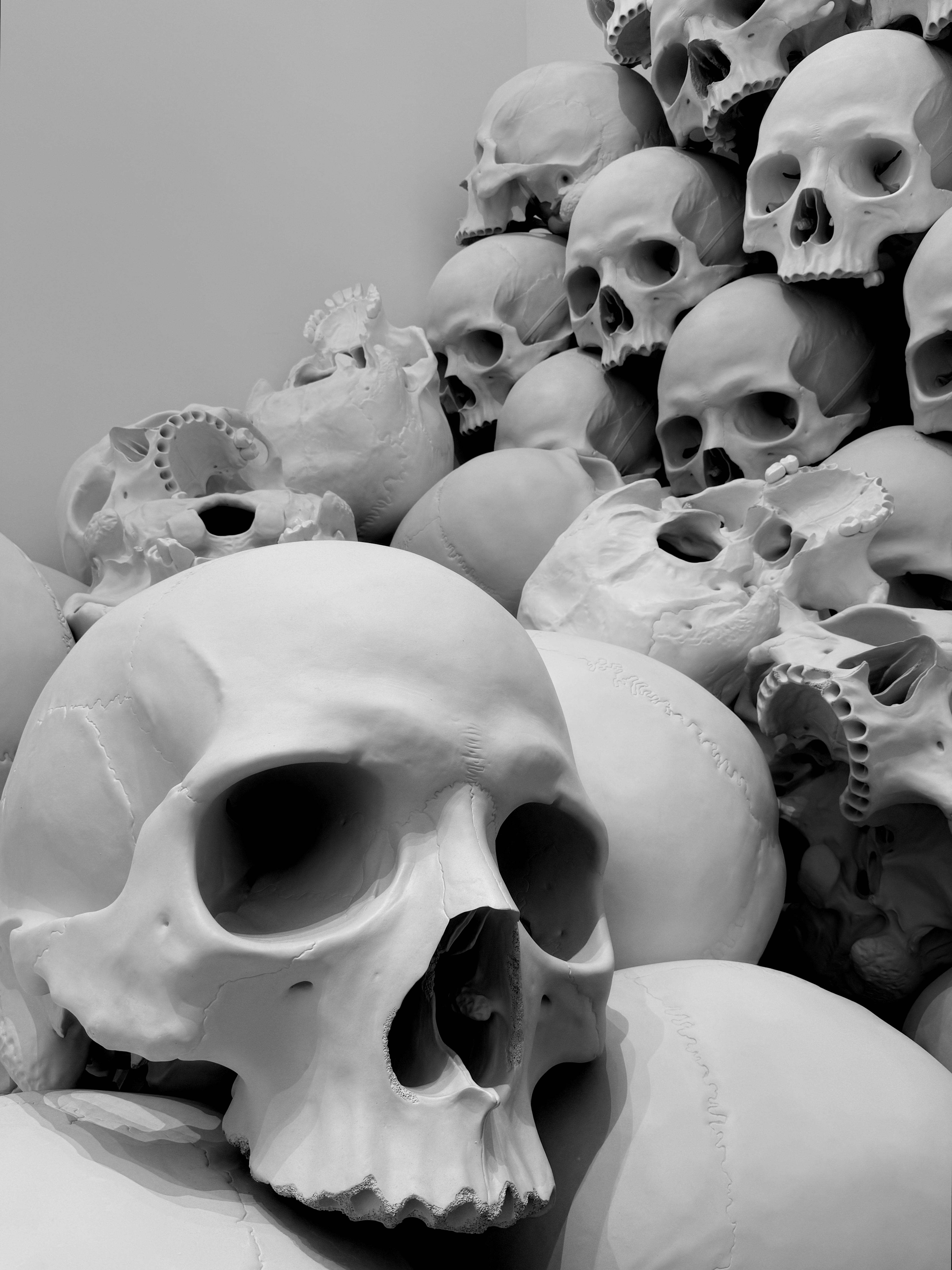 론 뮤익의 대표작 《매스(Mass)》 - 실제 인간 두개골보다 약 6배 크게 제작된 100개의 해골 조각들이 쌓여있는 모습. 하얀 해골들이 서로 겹쳐져 죽음과 인간 존재의 유한성을 상징합니다.