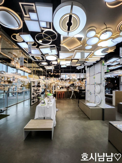 하남 프로라이팅 쇼룸 내부 전경 – LED 방등과 인테리어 조명 전시