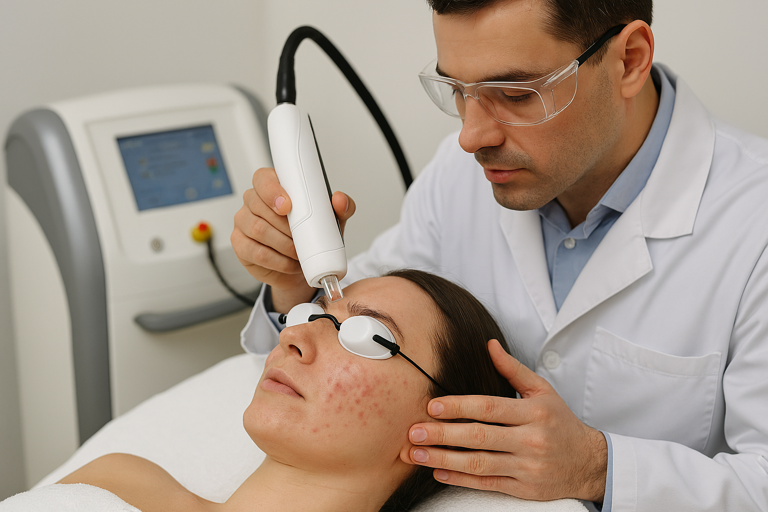 여드름 치료를 위해 레이저 시술을 받는 여성