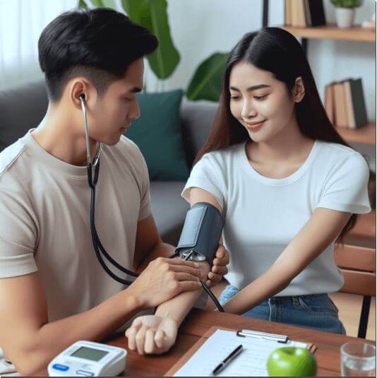 가정에서 부인 혈압 체크하는 남성