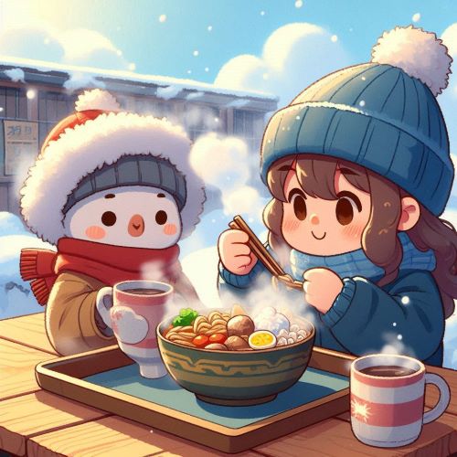 추운날 김이 모락모락 올라오는 음식을 먹고 있다.