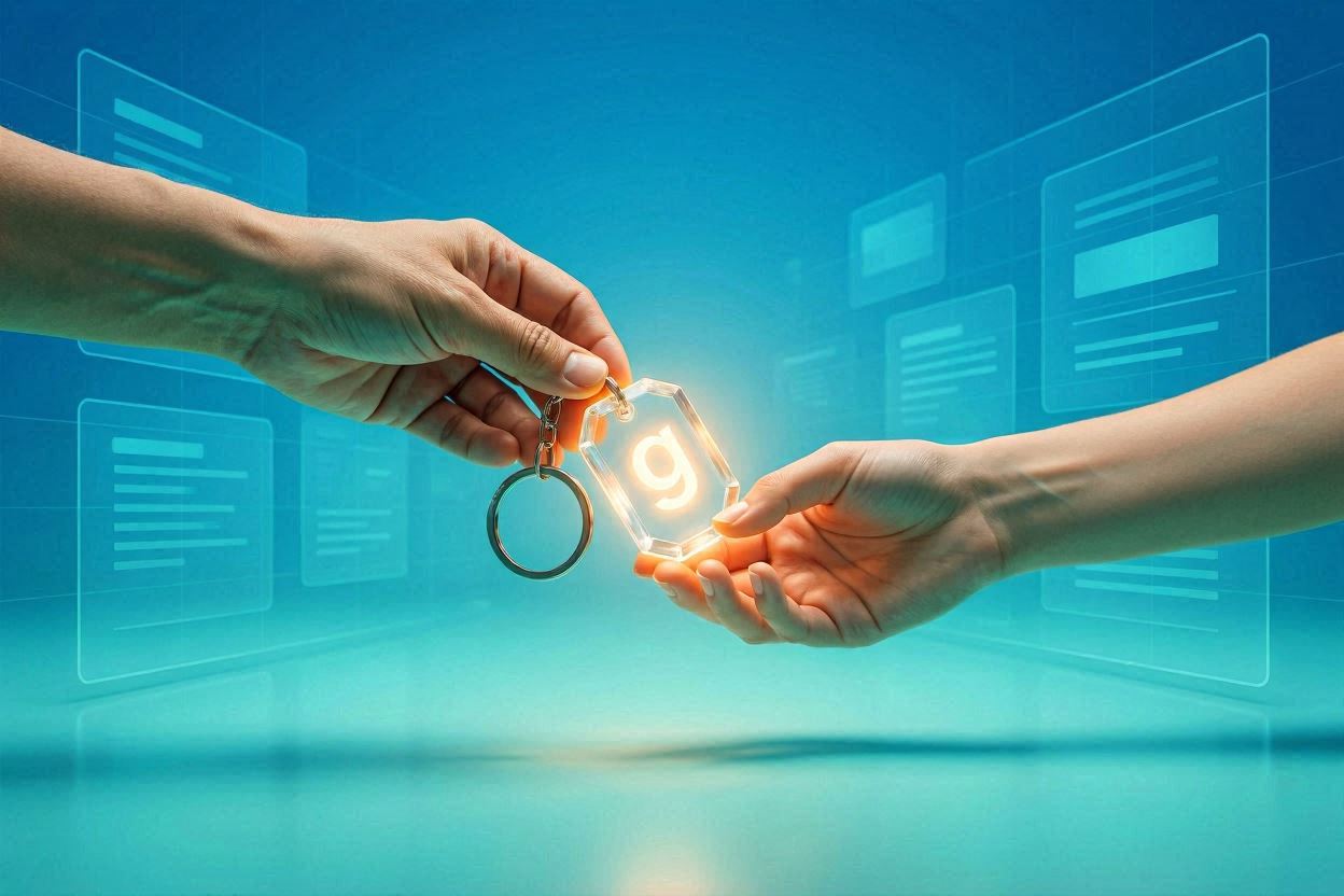 A symbolic and sophisticated 3D illustration of parents handing over the key to the digital world to their adult children.