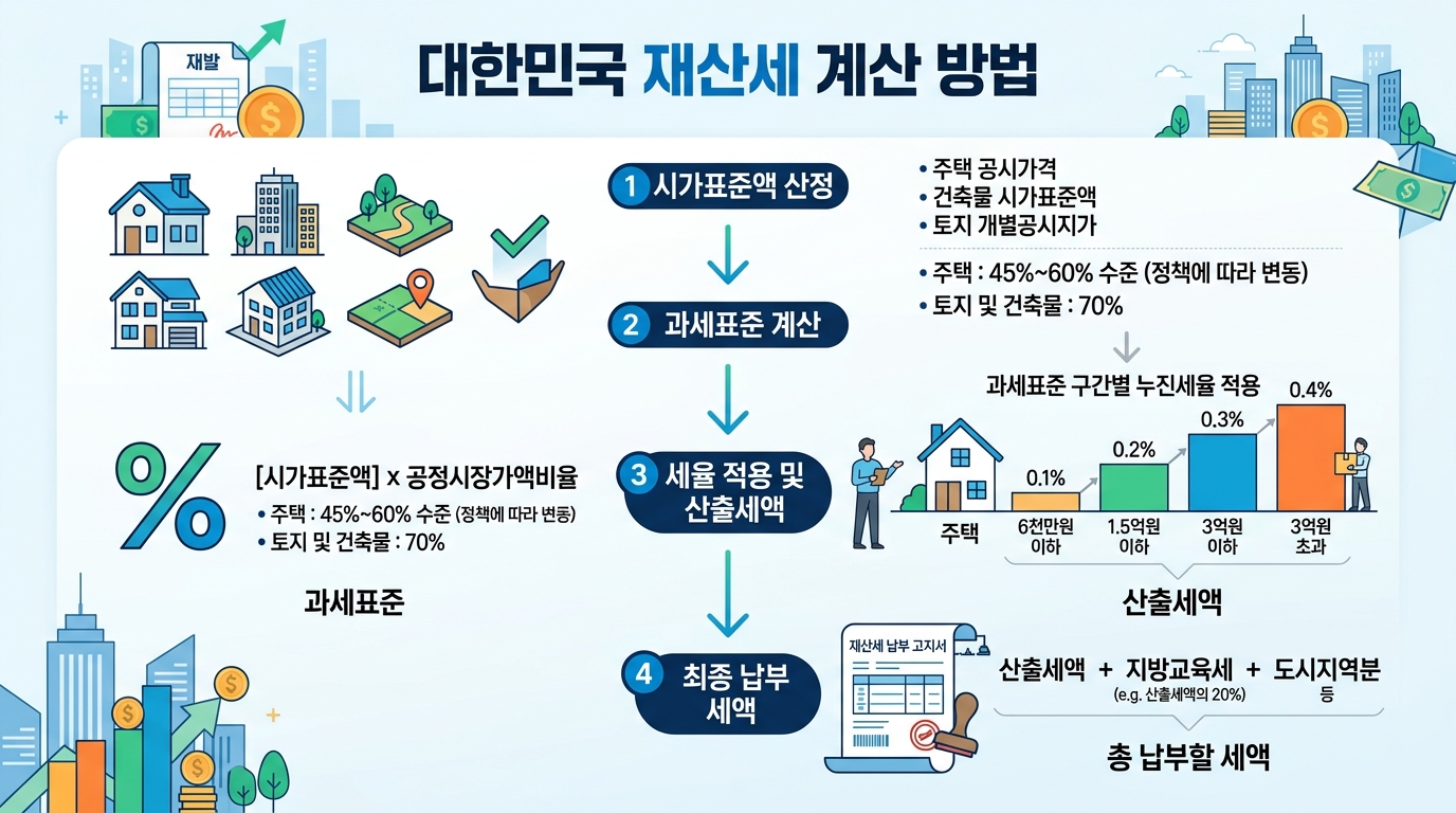 2026년 재산세 계산 공식과 공정시장가액비율을 설명하는 인포그래픽 도표