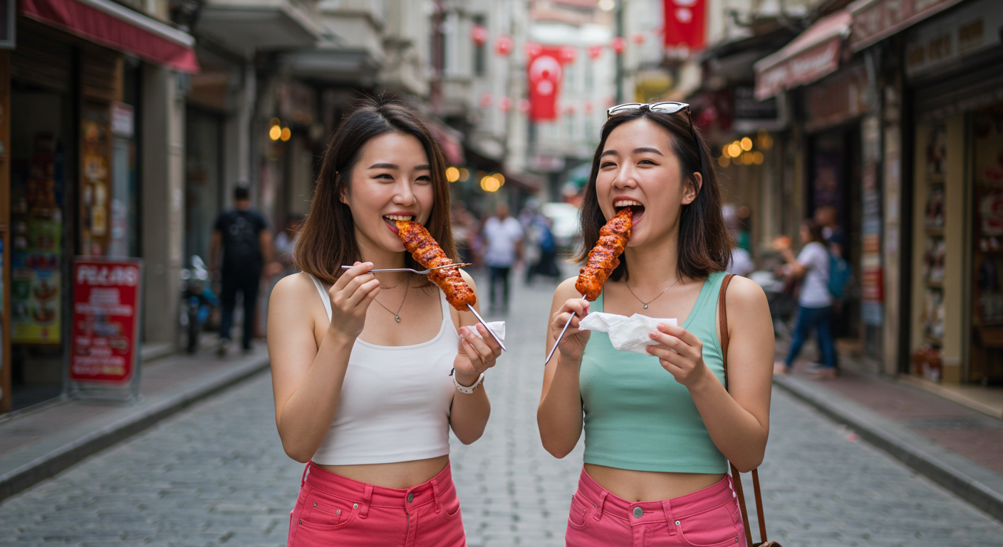 터키음식을 먹고있는 한국 여대생들.