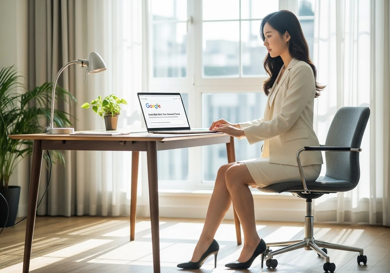 젊은 한국인 여성이 노트북으로 "Dark Web Alert: Your Password Found" 라는 구글 경고 알림을 보고, 침착하지만 단호한 표정을 짓고 있다.