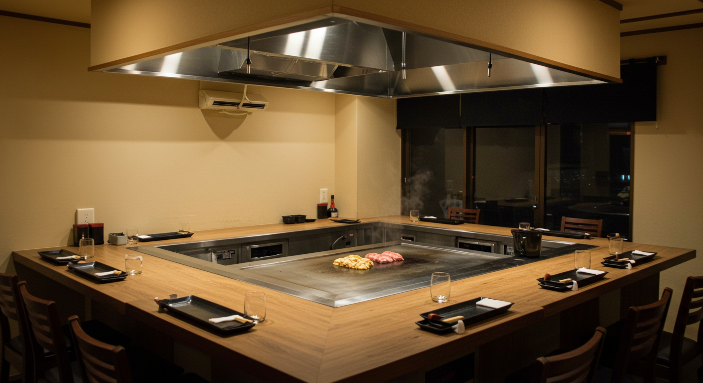 따뜻한 조명이 켜진 아늑한 일본식 주방