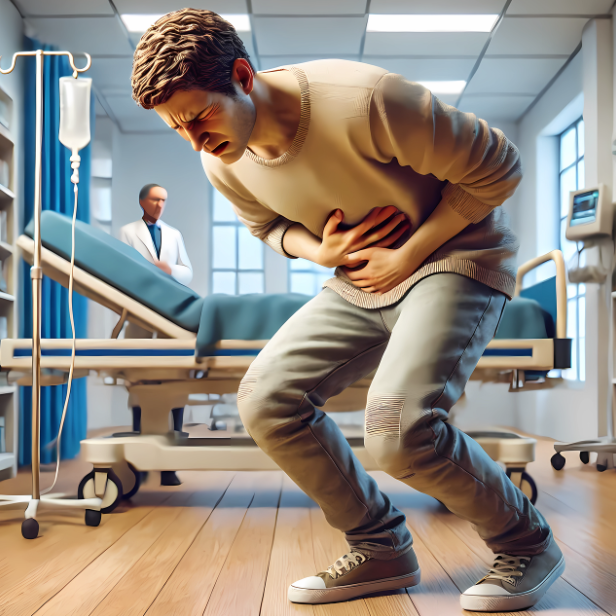 크론병 포스팅 썸네일 병원에서 복통을 호소하는 남성의 모습 AI 이미지