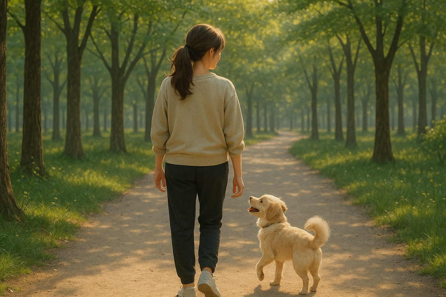 서울숲 산책로에서 강아지와 함께 걷는 여성의 뒷모습 – 반려견과 산책하기 좋은 서울 명소