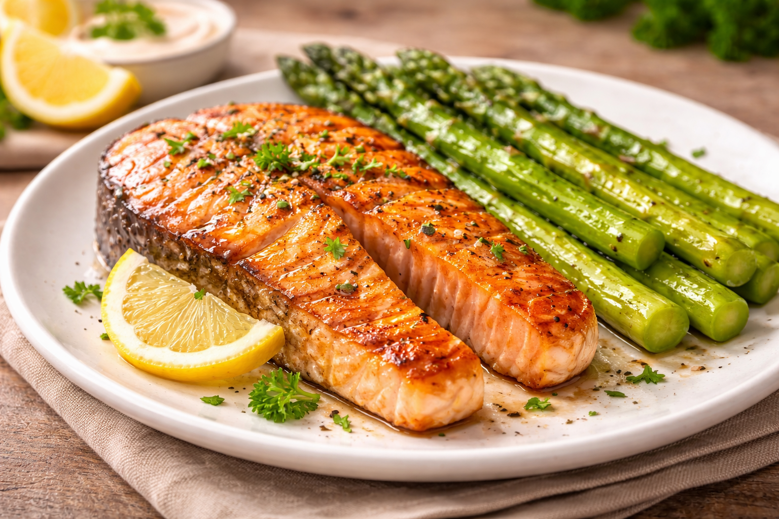 잘 구워진 연어 스테이크와 채소들이 어우러진 건강한 다이어트 식단