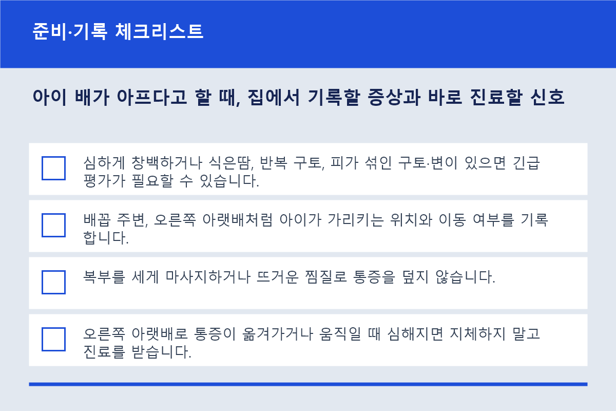 아이 배가 아프다고 할 때, 집에서 기록할 증상과 바로 진료할 신호 준비·기록 체크리스트 정보 이미지