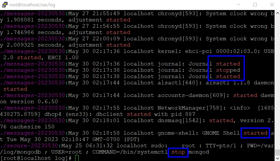 grep -Er &quot;started&#124;stop&quot; 결과