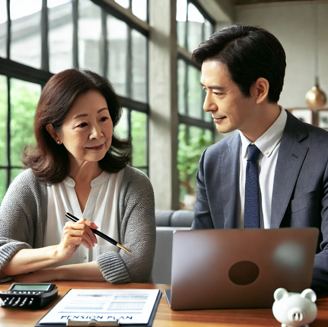 중년 여성이 금융상담가와 함께 연금 계획에 대해 상담하는 모습