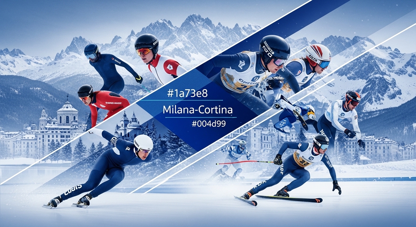 2026 동계 올림픽의 역동적인 장면들, 쇼트트랙 선수와 스키 선수가 눈 덮인 산을 배경으로 질주하는 모습. JTBC 단독 중계를 상징하는 디지털 인터페이스 요소가 가미되어 있음.