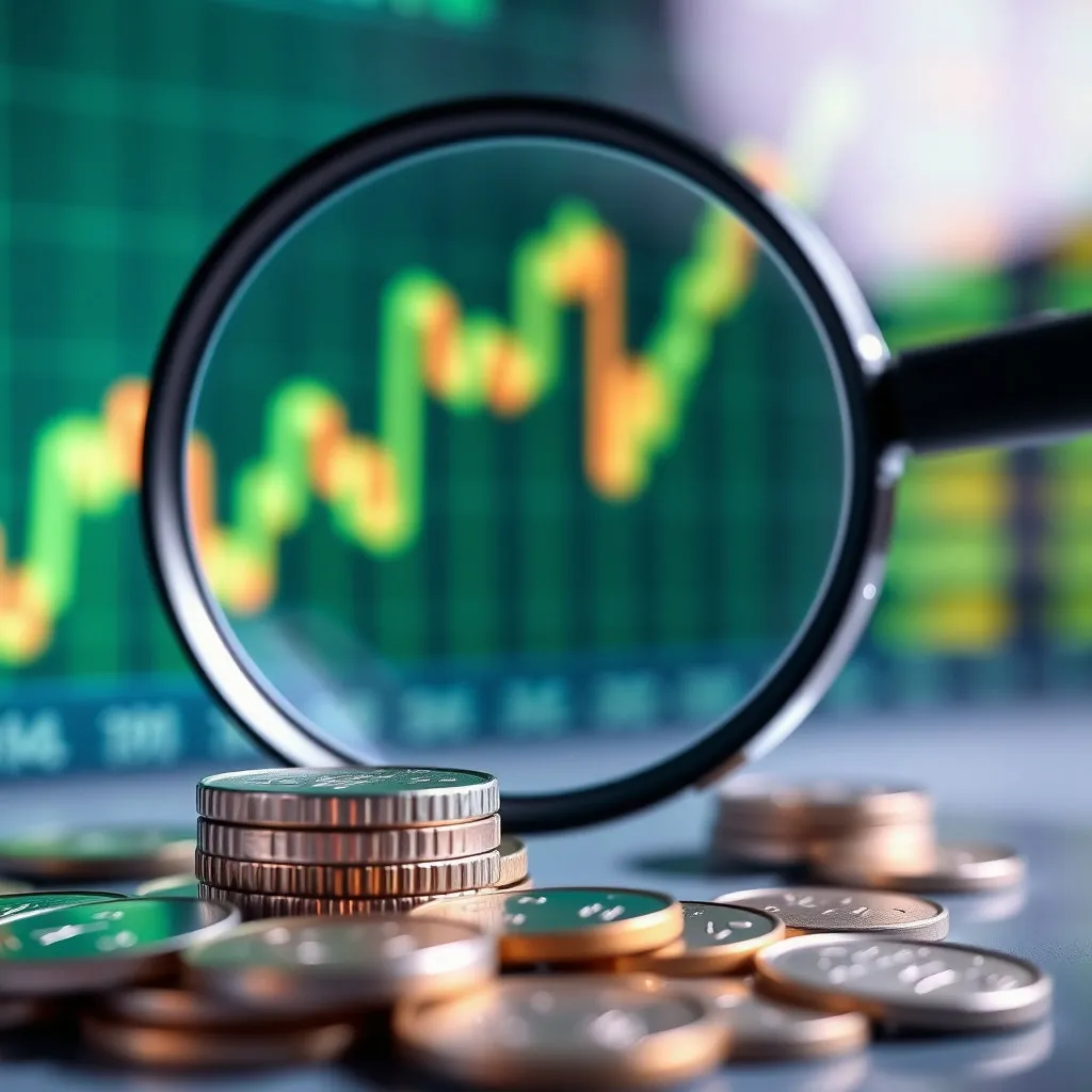 주식 그래프, 동전, 돋보기 등을 활용하여 투자 가치를 탐색하고 미래를 내다보는 듯한 느낌을 줍니다.