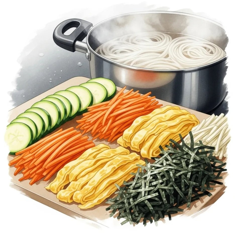 알록달록한 고명 재료들과 끓는 물에 삶아지는 소면.