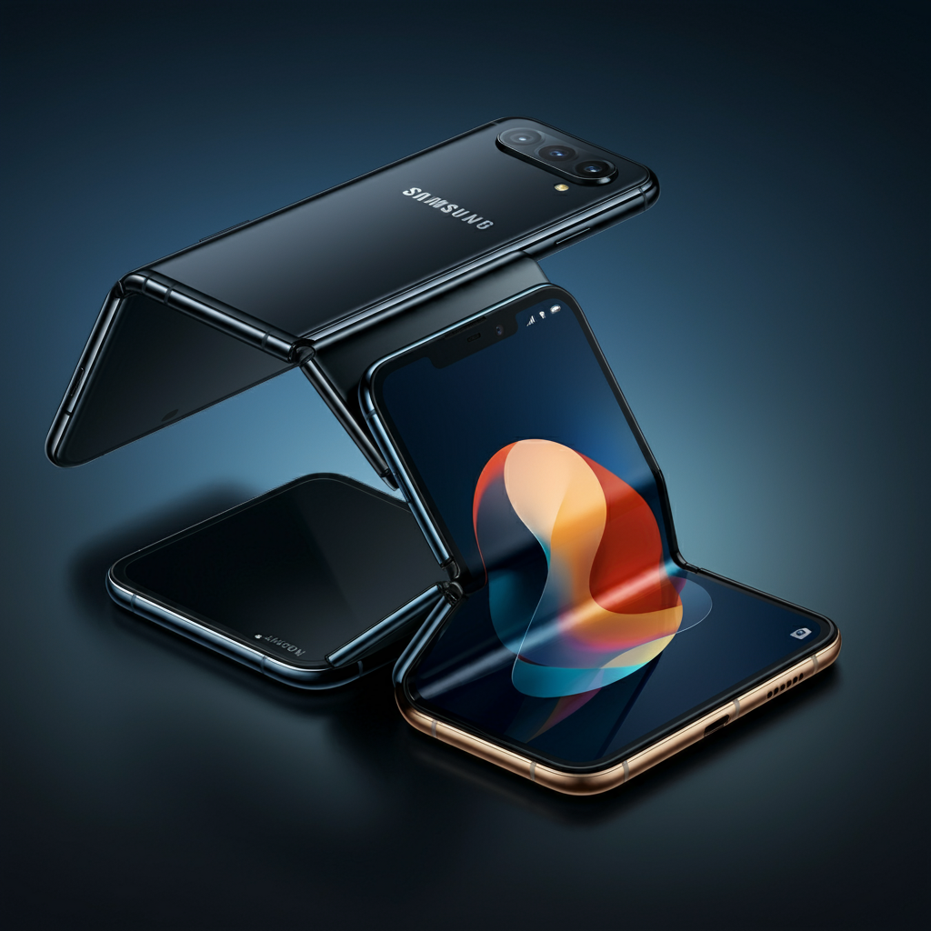 삼성과 화웨이의 폴더블폰 경쟁을 나타내는 이미지, 각각의 접히는 방식과 디자인을 강조한 미래지향적인 모습