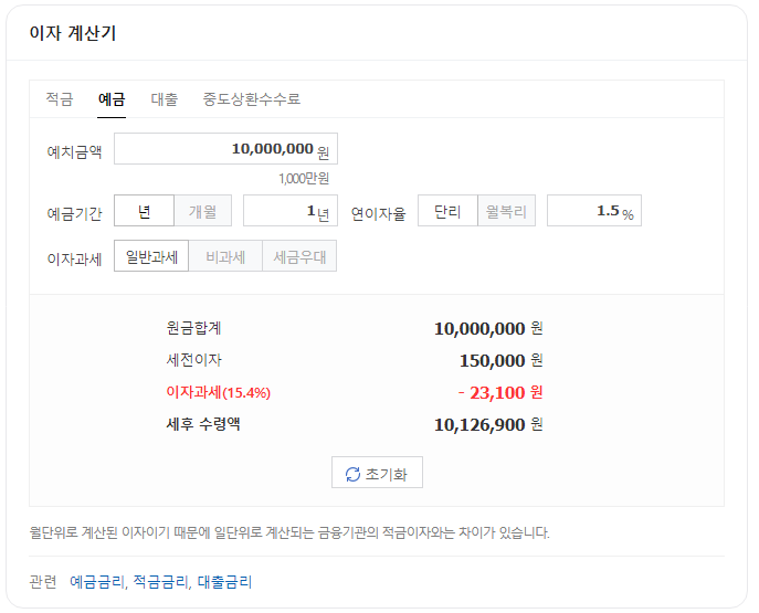 네이버 예금 이자 계산기 결과