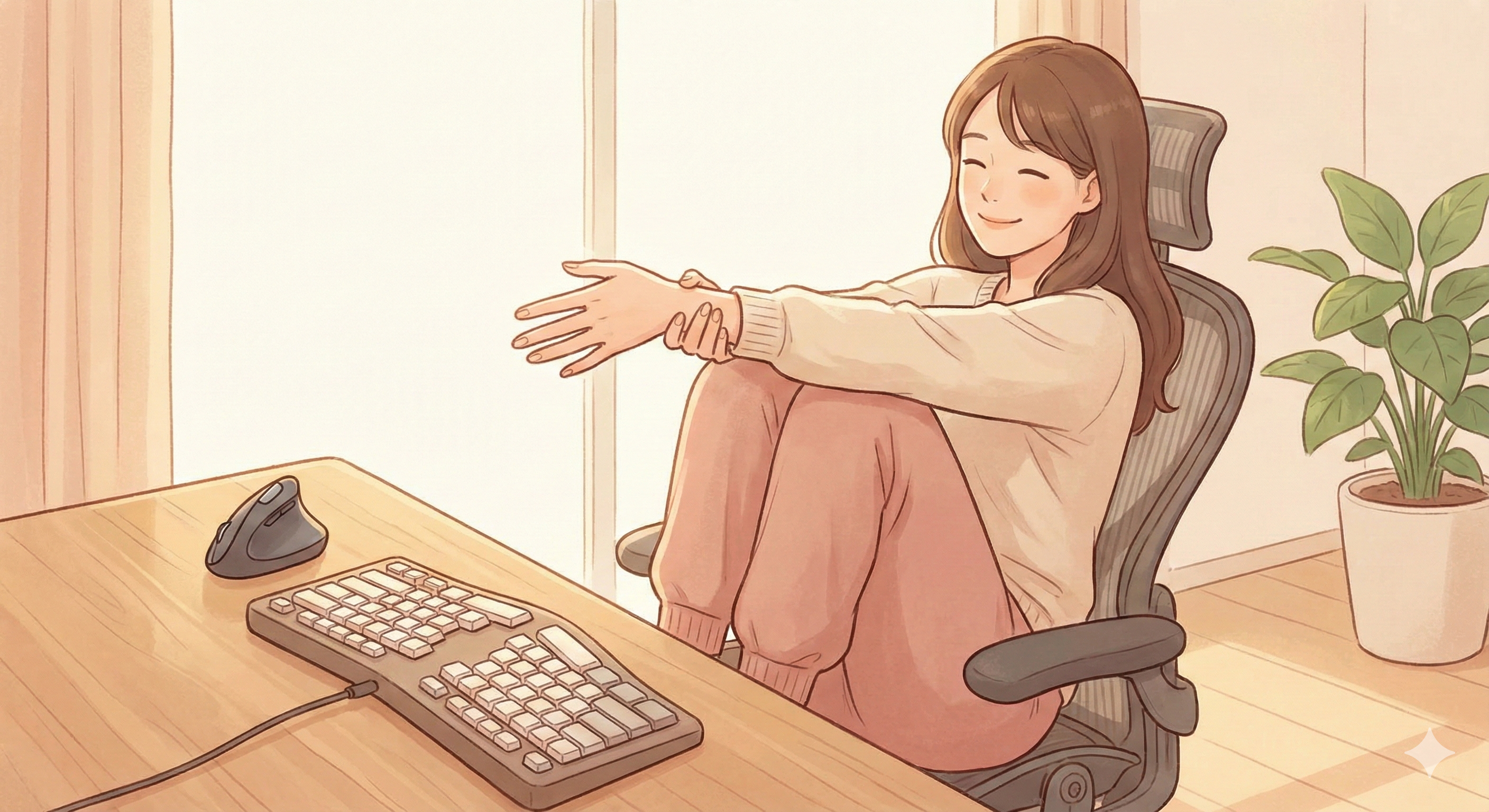 따뜻하고 자연광이 들어오는 아늑한 홈 오피스 배경. 책상 위에는 인체공학적 키보드와 버티컬 마우스가 놓여 있고, 편안한 옷차림의 여성이 의자에 앉아 한 손을 앞으로 뻗어 손목 스트레칭을 하고 있다. 그녀의 표정은 평온하고 시원해 보인다. 책상 한켠에는 녹색 식물 화분이 있어 싱그러운 분위기를 더한다. 전체적인 톤은 부드러운 파스텔톤과 우드톤이 조화를 이루며, 전문적인 의학 자료 느낌보다는 편안한 블로그 일러스트 스타일로 표현.