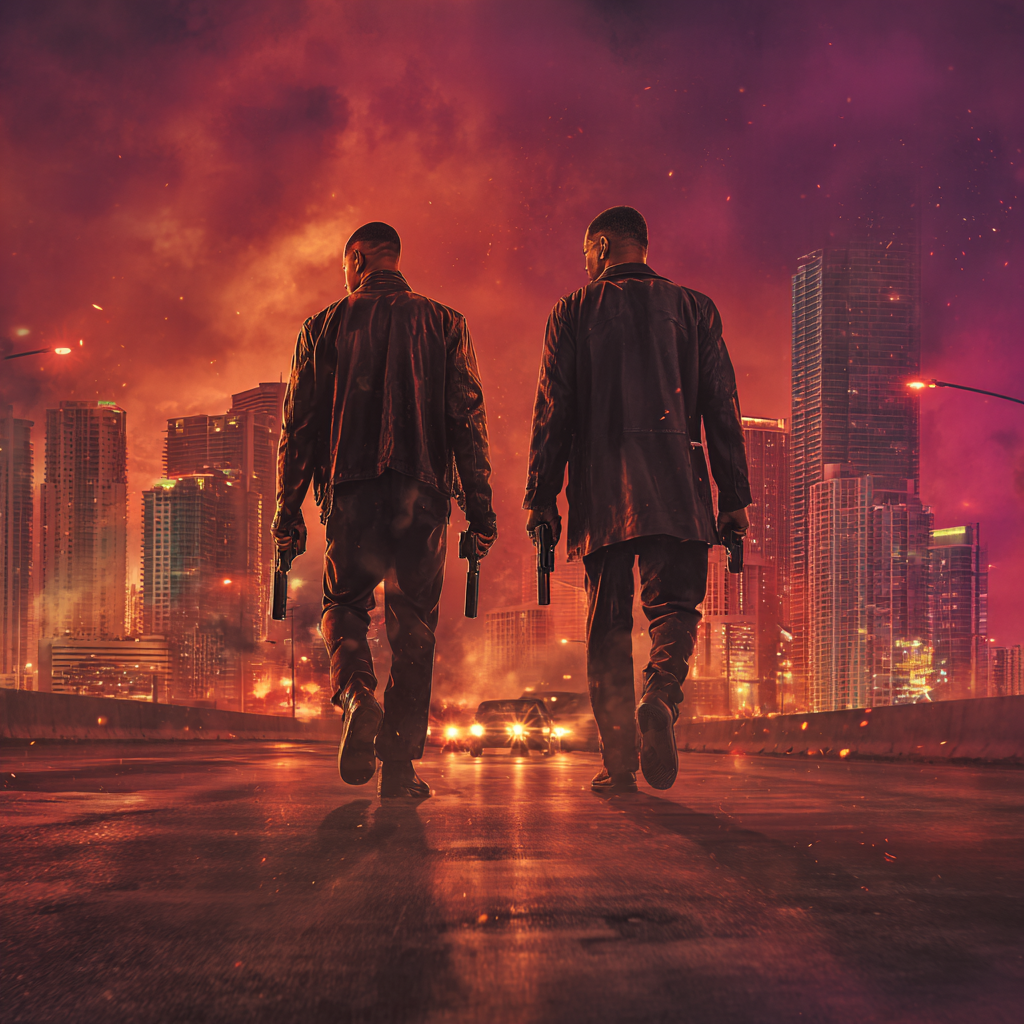 마이애미 배경으로 총을 든 윌 스미스와 마틴 로렌스가 나란히 걷는 장면