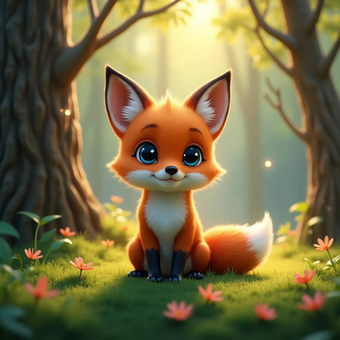 Flux Dev 모델로 생성된 귀여운 여우 캐릭터 이미지. 이 이미지는 크고 동그란 눈, 부드러운 색채, 동화적인 배경이 강조된 Flux Dev 모델의 픽사풍 스타일을 시각적으로 전달하며, 블로그의 Leonardo AI 모델 비교 주제와 관련된 내용을 설명함 (flux dev model, cute fox, animated style)