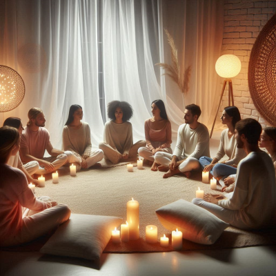 다양한 사람들이 촛불을 둘러싸고 원을 이루며 명상하고 있는 장면입니다.