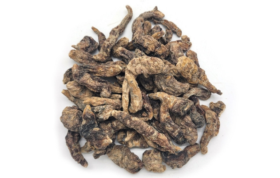 야생에서 채취를 한 생지황을 말려서 만든 건지황을 하얀 바닥 위에 수북하게 놓아두고 찍은 사진