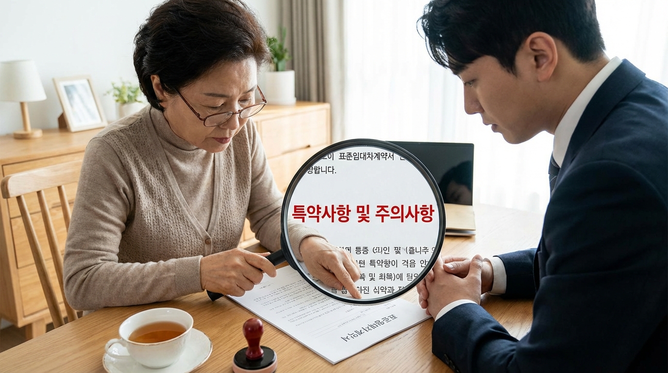 전세 계약서와 돋보기를 통해 주의사항을 꼼꼼히 확인하는 안전한 계약 이미지