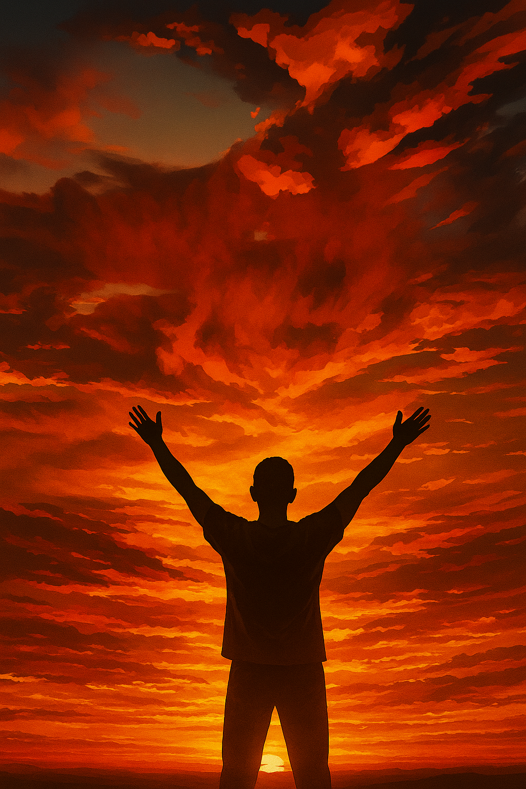 붉은 하늘 아래 두 팔을 벌린 사람 실루엣