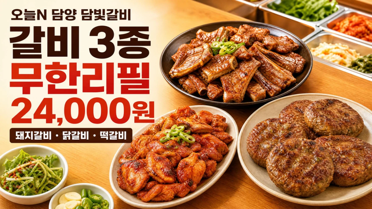 오늘N 담양 담빛갈비의 돼지갈비 닭갈비 떡갈비 3종 무한리필을 소개하는 이미지