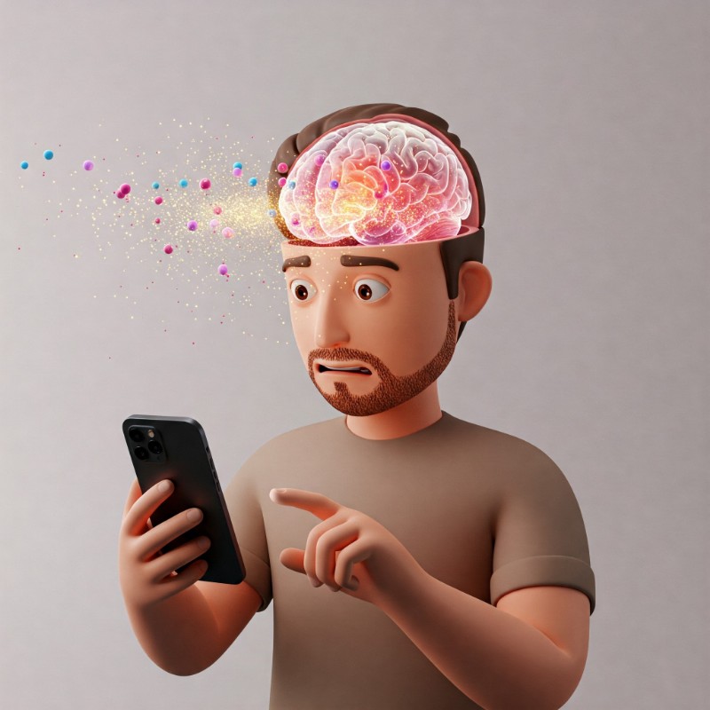 스마트폰을 멍하니 들여다보는 남성의 뇌에서 도파민이 반짝이는 3D 일러스트